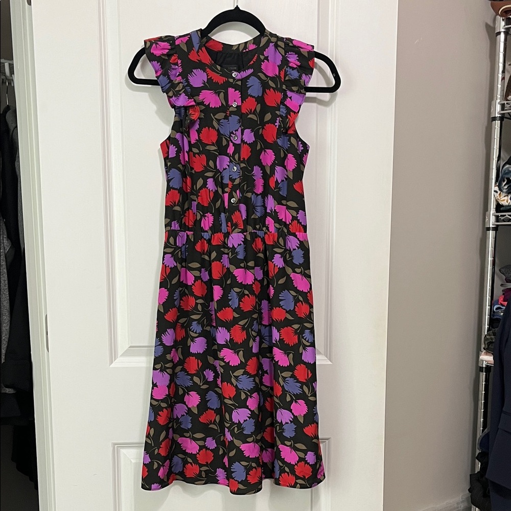 J. Crew Painted Pansy Floral Silk Dress Ruffle Cap Sleeves Sz 00 - Picture 2 of 7